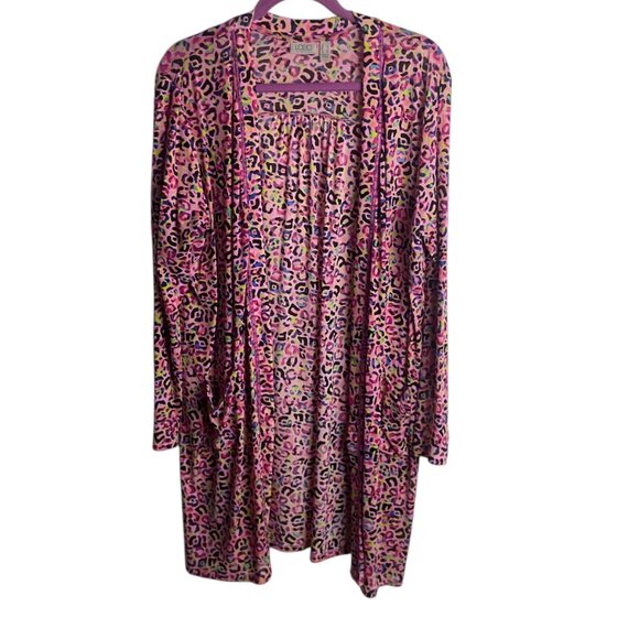 Logo by Lori Goldstein Size L Mesh Animal Print Open Front Duster Cardigan Pink - Picture 2 of 7